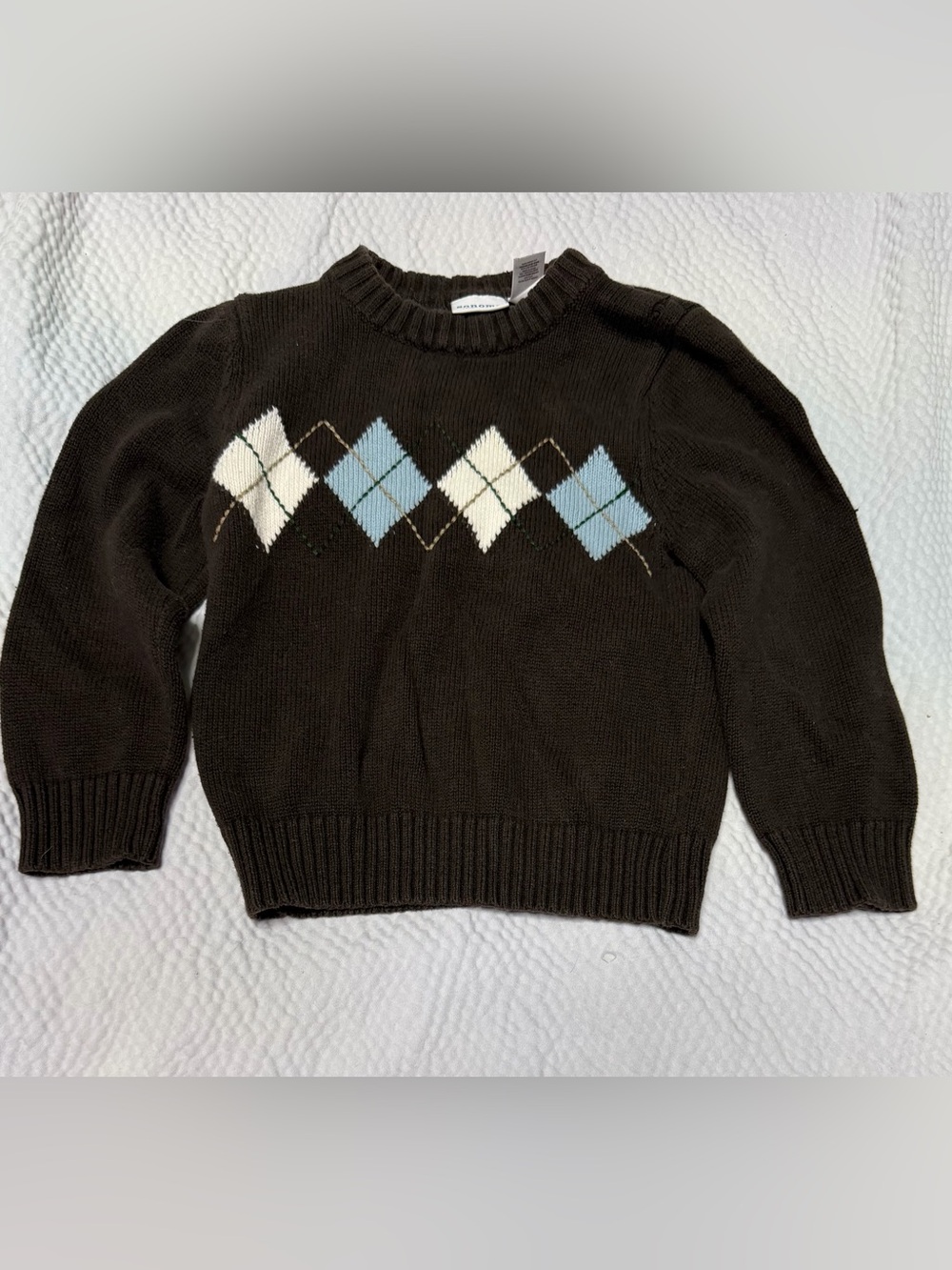 Sonoma Brown Argyle Crewneck Sweater with Blue and Cream Diamonds